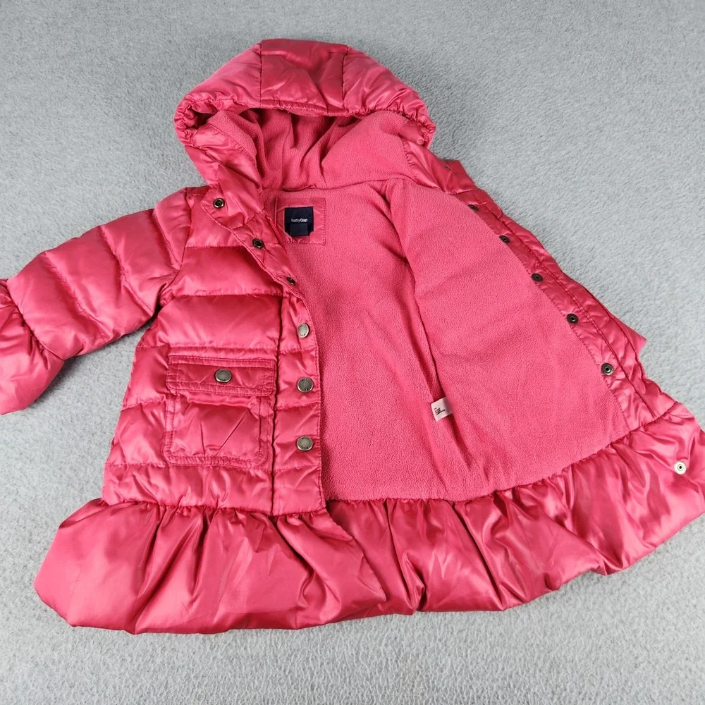 Baby Gap Puffer Jacket Toddler 12-18M Pink Down Filled Quilted Ruffle Hem Hooded